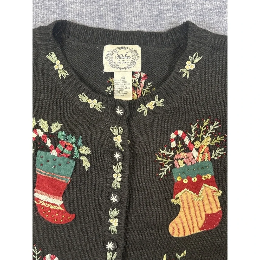 Vintage Stitches In Time Christmas Embroidered Cardigan Sweater Size‎ 2X Women
